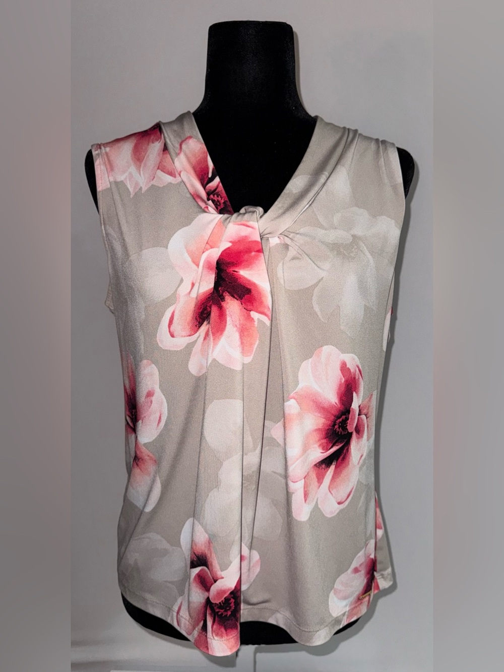 Calvin Klein Floral Matte Jersey Knot Twist Neck Sleeveless Top Medium